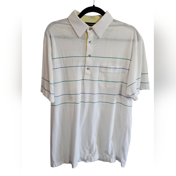 Jantzen Mens L Polo Shirt White Cotton Blend Striped Grid Vintage Archival Rare - Picture 2 of 6